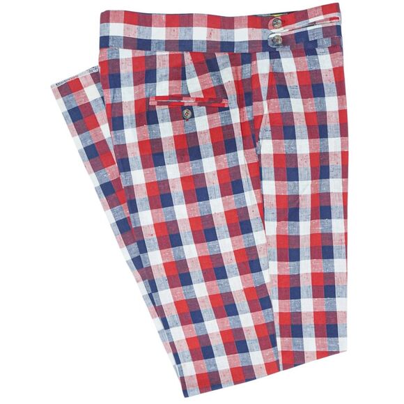 Mens Gurkha Cotton Pants 36 Red Blue White Plaid Check Trousers Straight Fit